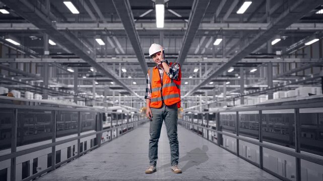 Full Body Of Asian Male Engineer With Safety Helmet Showing Ok Hand Sign Over Eye And Smiling To Camera While Standing at Solar Panel Manufacturing Factory with Automated Robotic Assembly Line