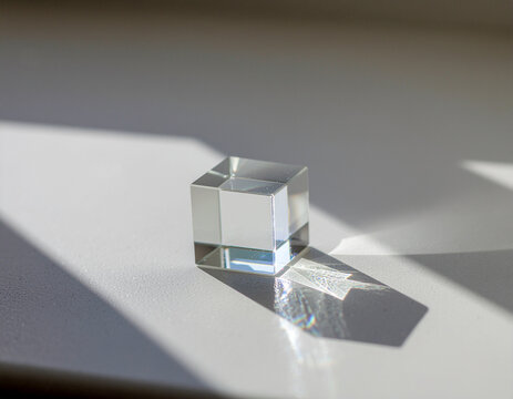clear optical glass cube producing a colorful light prism in a clean minimalist studio setting.