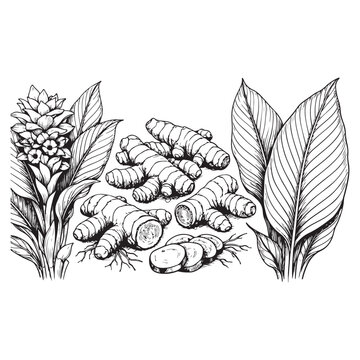 Turmeric root and plant illustration in black and white hand drawn style