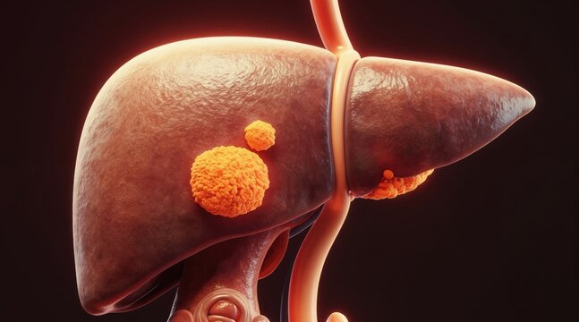 Detailed medical illustration shows human liver with visible tumor growths. Organ has abnormal texture and enlarged size indicating disease and damage. Blood vessels are also visible nearby.