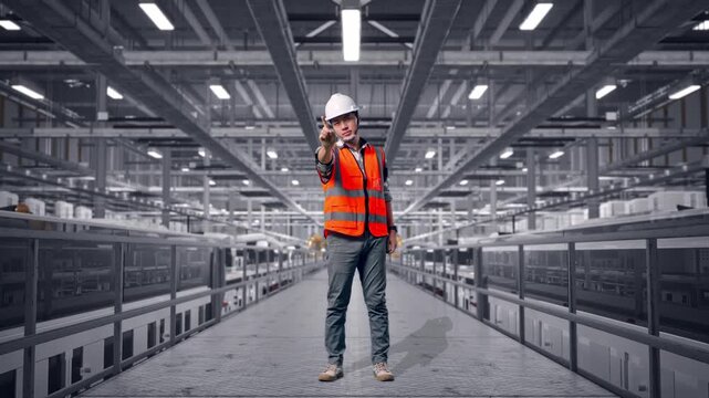 Full Body Of Asian Male Engineer With Safety Helmet Disapproving With No Index Finger Sign While Standing at Solar Panel Manufacturing Factory with Automated Robotic Assembly Line