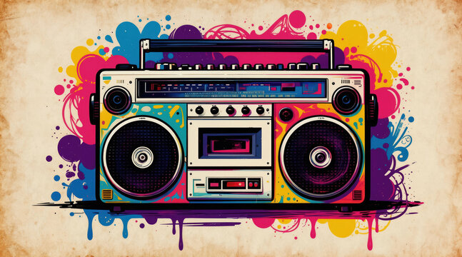 Retro boombox bursts with vibrant pop art colors and grunge paint splatters. Vintage audio device with tape deck on aged paper, perfect for music or retro theme graphics.