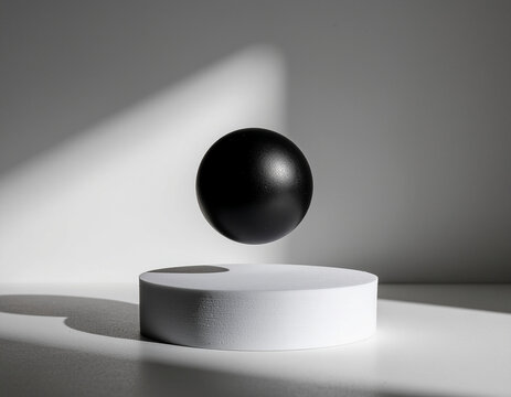 matte black sphere levitating above a white pedestal in a clean luxury minimalist composition.