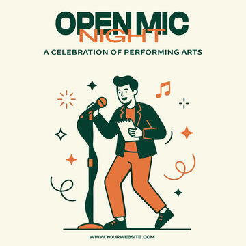 Open mic night social media post, performing arts marketing banner, talent showcase promotional post, live music editable template, modern flat design layout, creative session advertising creative, pu