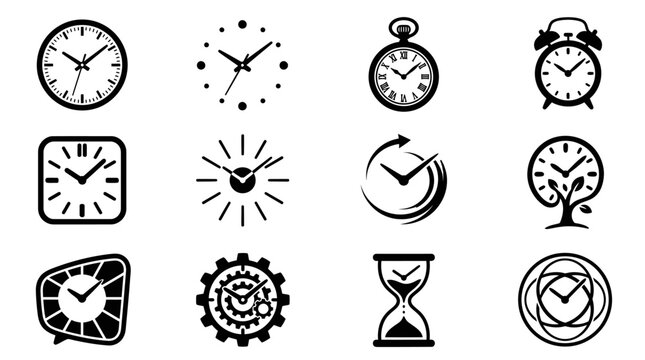 Black clock and time measurement vector icon set