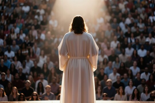 Jesus in white robe speaks to diverse crowd. Spiritual leader shares message of faith and hope. People listen attentively in sunlit arena. Represents salvation and divine guidance.