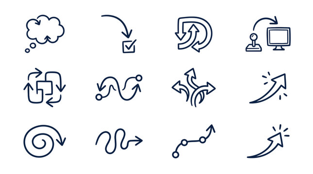 Black hand-drawn icons for thought and process navigation.