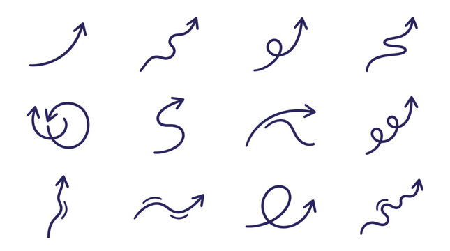 Black hand-drawn curvy arrow doodle collection.
