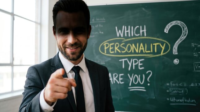 Smiling businessman pointing at the camera in front of a chalkboard with personality type question