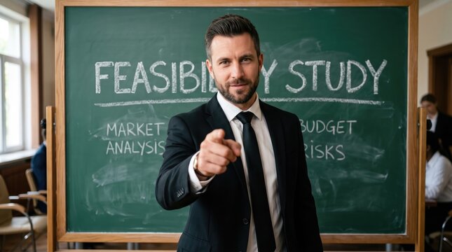 Businessman pointing at feasibility study on chalkboard