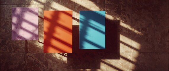 Obraz premium Three colorful rectangles on a tiled floor with shadows