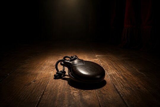 Single pair of traditional castanets on Flamenco stage floor under dramatic spotlight.