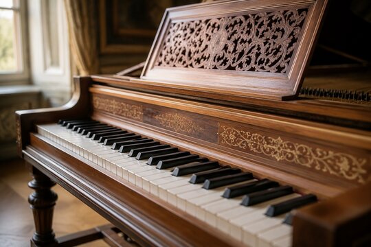 Baroque harpsichord with detailed woodwork and black and white keys.
