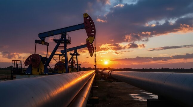 Oil pumps and pipelines stretch across landscape at sunset. Industrial machinery operates on oilfield. Energy industry infrastructure glows with golden light.