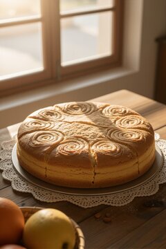 A golden-brown Sobao Pasiego cake sits on a wooden table near a window, bathed in warm sunlight and surrounded by classic home decor.
