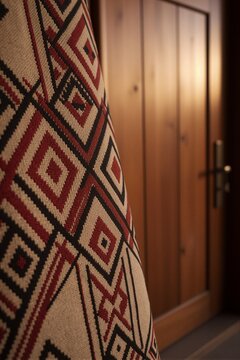 A close-up of a woven textile with a geometric pattern on a wooden door, set in a warm and cozy indoor environment.