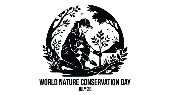 Young female volunteer wearing a cap plants a small green tree sapling in the soil during world nature conservation day celebration featuring sharp black silhouettes and clean bold vector lines on whi