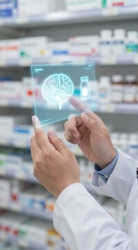 Pharmacist doctor hand with digital telemedicine consultation interface hologram and online pharmacy prescription medicine patient medication data service remote health advice system