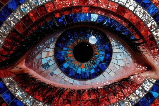 Close-up eye art made of colorful glass mosaic tiles. Blue iris with black pupil reflects light. Red white blue mosaic frame surrounds human eye.