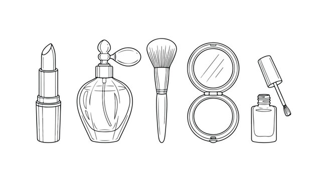 Elegant beauty product line art vector set, essential cosmetic items in a hand-drawn sketch style, perfect for fashion and skincare branding, makeup tutorials, and beauty blog graphics