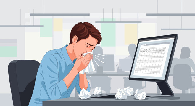 Unwell Office Worker With Sick Symptoms In Animated Corporate Environment Illustration