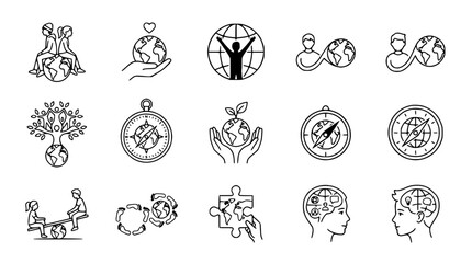 Global Unity Icons: People, Planet, Compass, Tree, Puzzle, Brain - Line Art Collection © Tempe