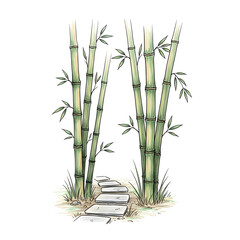 Fototapeta premium Hand-drawn illustration of a bamboo forest pathway featuring green bamboo stalks and stone stepping stones on a white background, zen garden landscape sketch style.