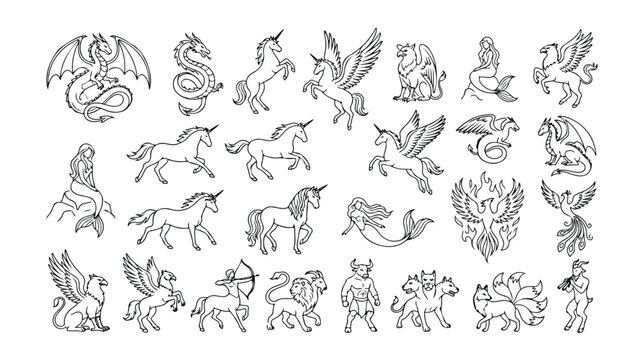 Mythical creatures vector collection, legendary fantasy beasts, ancient folklore monsters, magical animal illustrations for storytelling and design projects