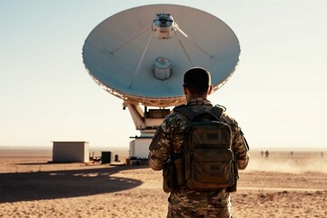 Fototapeta premium Soldier in camouflage uniform with backpack stands near large satellite dish array. Desert landscape with clear sky. Military communication equipment setup.