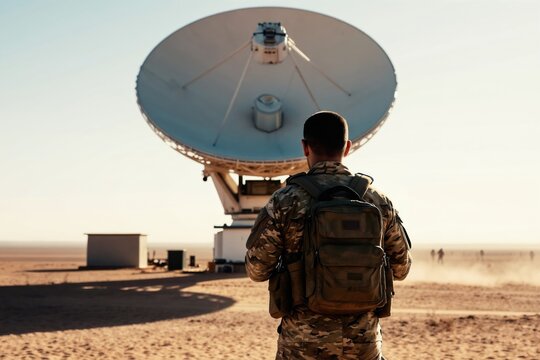 Soldier in camouflage uniform with backpack stands near large satellite dish array. Desert landscape with clear sky. Military communication equipment setup.