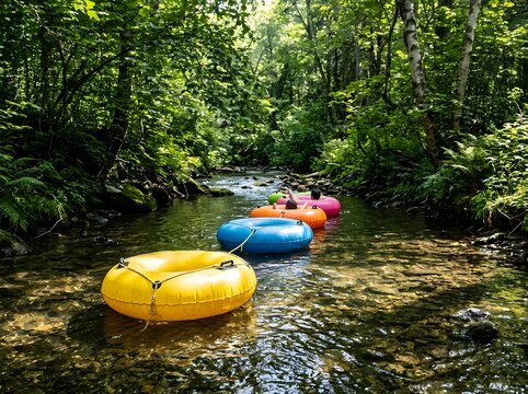 Colorful river tubes floating in a clear shallow stream through forest