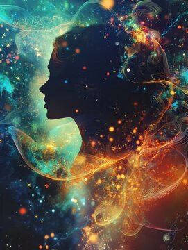 An abstract flow of glowing patterns surrounding a woman&acirc;&euro;&trade;s silhouette, symbolizing intuition