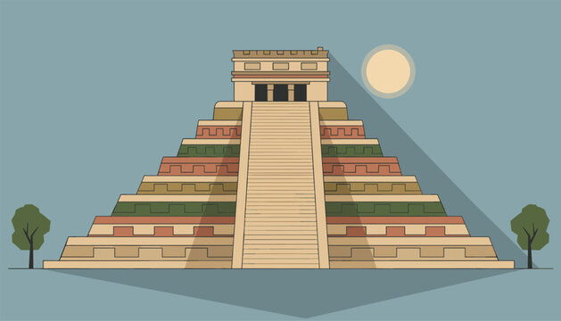 Scenic illustration of the ancient Mayan pyramid temple of Chichen Itza under the sun in flat design style.