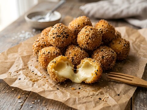 Fried cheese balls coated in sesame seeds served on rustic paper with appetizer