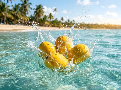 Fresh yellow lemons falling into tropical sea water creating splash