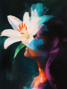 An abstract lily blending with a woman&acirc;&euro;&trade;s silhouette, glowing softly with intuitive energy