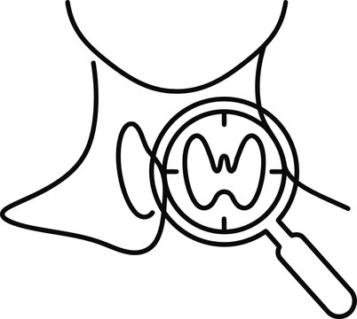 Medical illustration showing a thyroid gland examination with a magnifying glass.
