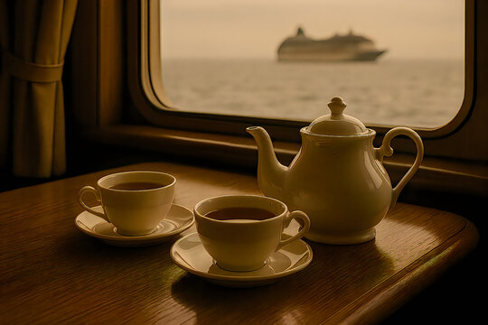 Vintage teapot with two cups on a wooden table