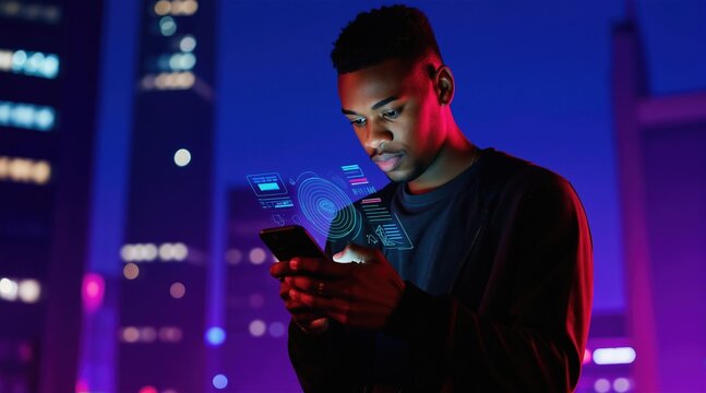 Man uses phone with glowing interface in city at night. Future tech, data analysis and network. Young african person with mobile device, online business concept.