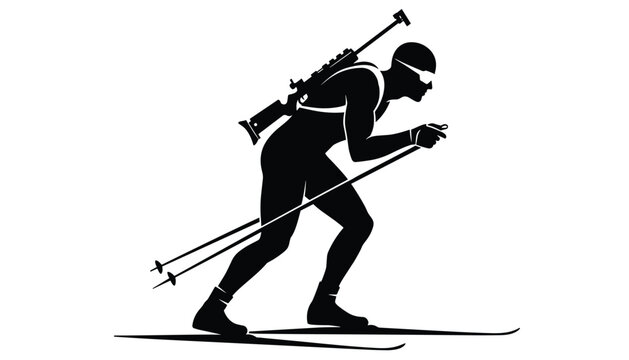 Silhouette of a professional biathlon athlete skiing fast with a rifle strapped on their back, in a dynamic action pose.