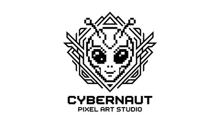 Obraz premium Cyberpunk alien face logo, pixel art design, futuristic emblem, black and white graphic