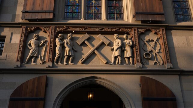 A stone relief sculpture above an arched doorway in a historic guildhall showcases medieval craftsmen at work amidst warm golden hour sunlight and vibrant stained glass windows.