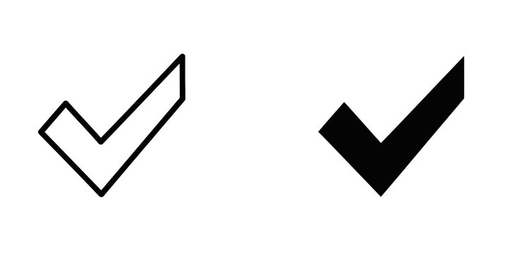Check mark sign icon set in bold outline and solid black style with verified approved validation isolated interface