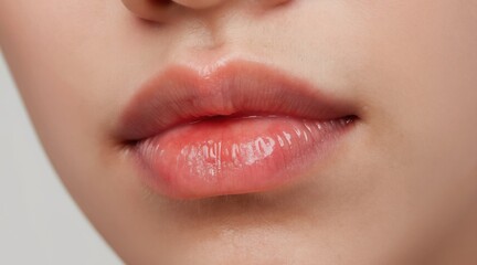 Obraz premium Close-up of a woman slightly swollen lips, showing redness and a small white spot indicating a potential cold sore or irritation. The detail captures facial skin texture and lip gloss.