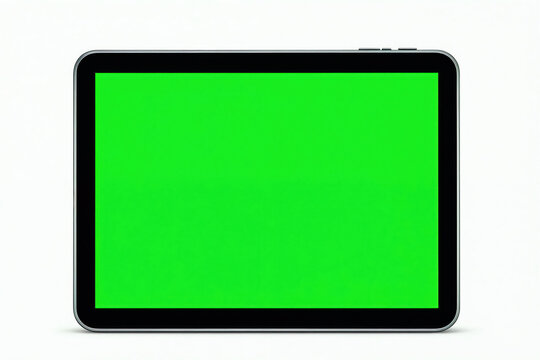 Black tablet device with bright green screen isolated on white. Portable electronic gadget offers blank space for content. Useful for digital presentations and app development mockups.