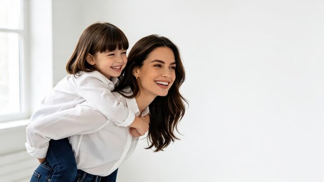 Happy mother giving daughter a piggyback ride at home, smiling mom carrying child girl on back in white shirt, joyful family bonding moment, playful parenting concept