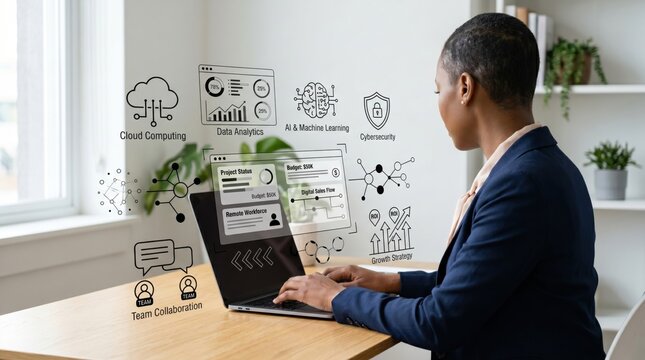 Professional woman working on laptop with floating sketches of cloud computing AI machine learning cybersecurity and business growth strategy concepts