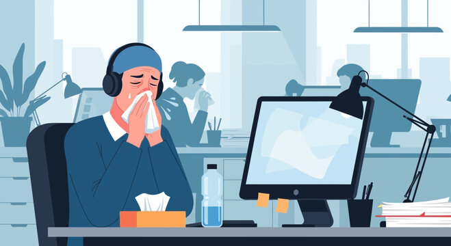 Unwell Office Worker With Cold in the Workplace, Vector Artwork Presentation Concept