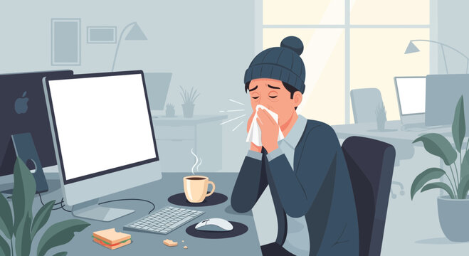 Unwell Office Worker in Winter Attire Sneezing While at His Desktop Workstation