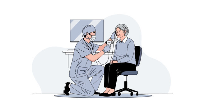 Medical Professional Checking the Temperature of an Elderly Patient's Ear with a Device